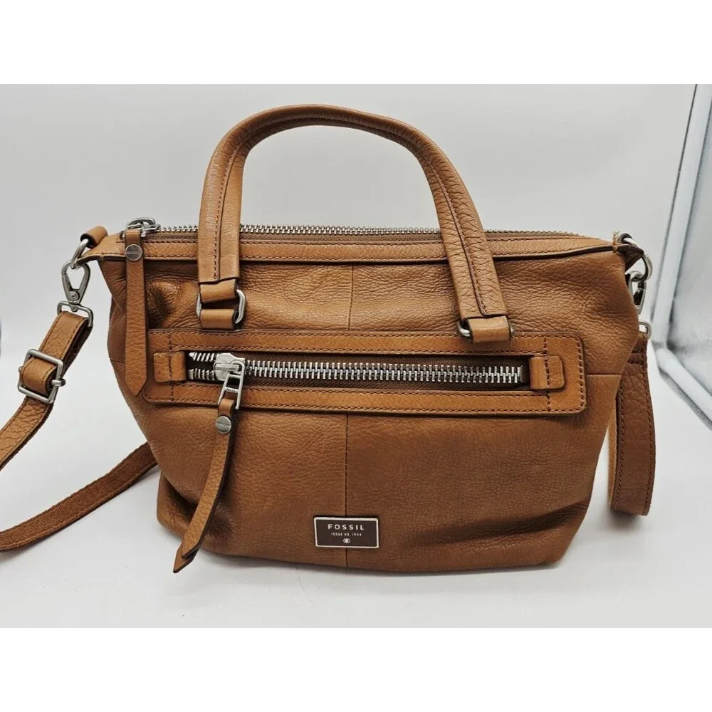 Fossil Dawson Satchel Brown Pebbled Leather Crossbody Handbag Purse Shoulder Bag